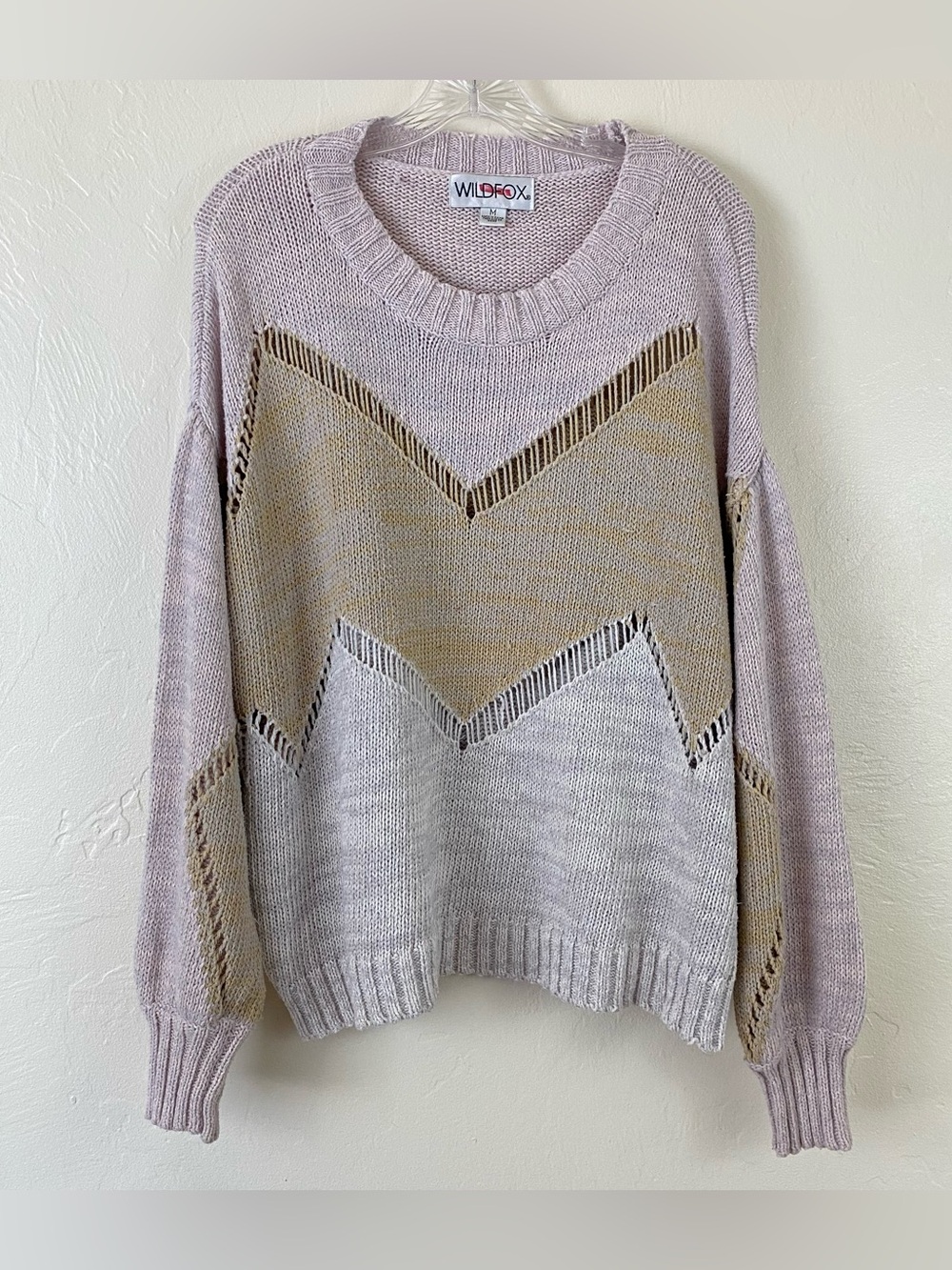 Wildfox Size Medium Ivory & Green Cotton Rib Knit Full Sleeve Pullover Sweater